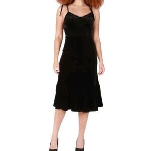 Black Tape Velvet Midi Slip Dress Women M Tie Straps Ruffle